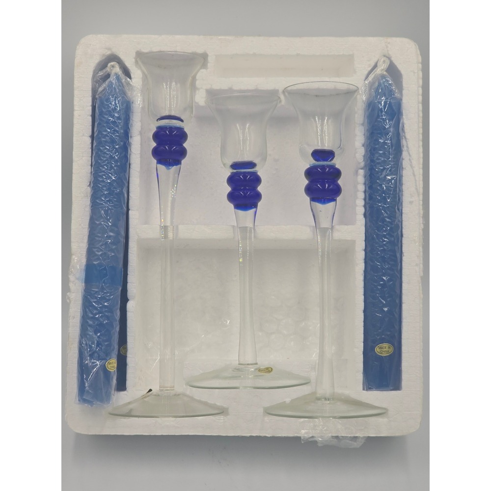 Set of 3 Mouth Blown Glass Candlesticks Cobalt Blue Beaded Stems w Candles NOS